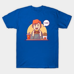 Men Eating Burger With French Fries And Soft Drink Cartoon T-Shirt